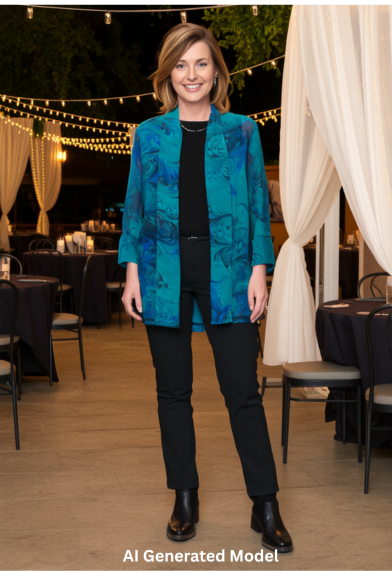 Woman in a hand marbled emeralds silk kimono jacket standing in an outdoor event setting with string lights and tables. AI generated models