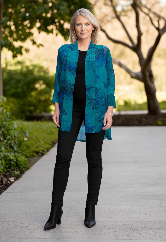 Woman wearing a hand marbled emeralds silk kimono jacket in an outdoor setting