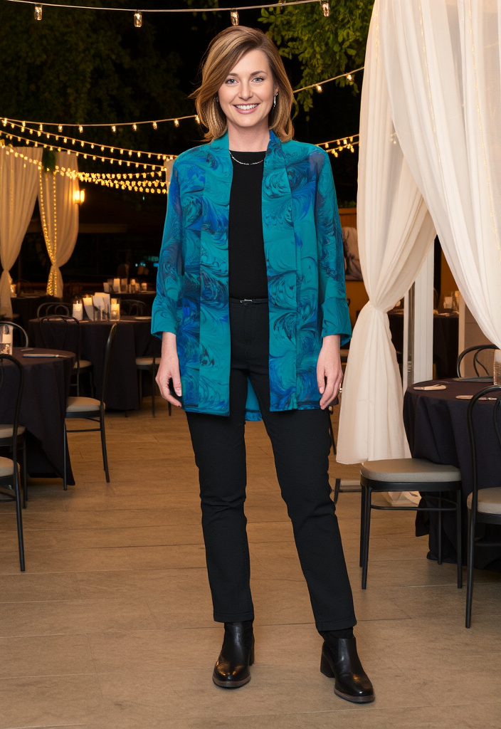 Woman in a hand marbled emeralds silk kimono jacket standing in an outdoor event setting with string lights and tables.