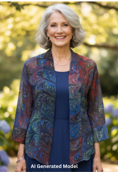 woman wearing a multicolored sheer hand marbled silk kimono style jacket over a solid dress standing outdoors. AI generated model.