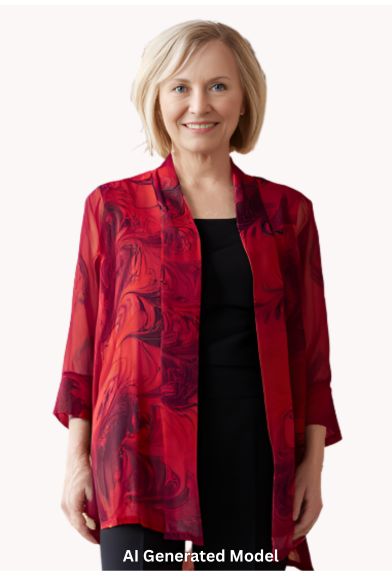Woman wearing a red marbled sheer jacket and black pants in an indoor setting. AI generated model.