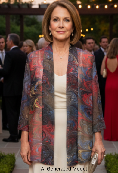 Woman in a brown marbled silk kimono jacket over a long white dress at an outdoor event. AI generated models.