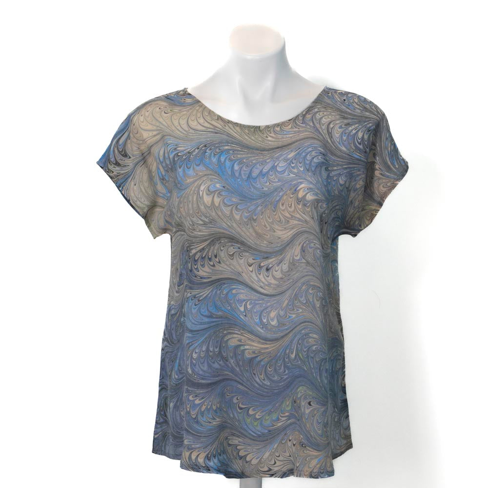 S/M Soft Gray & Tan Silk Top