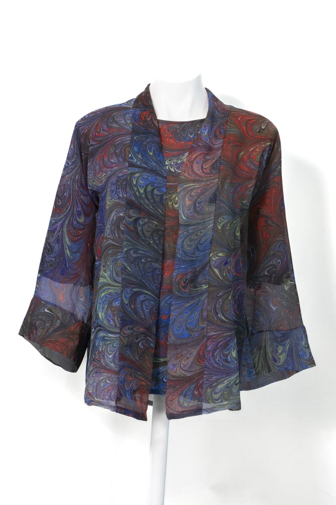 sheer hand marbled silk jacket in dark brown with blue and red shown with matching silk blouse
