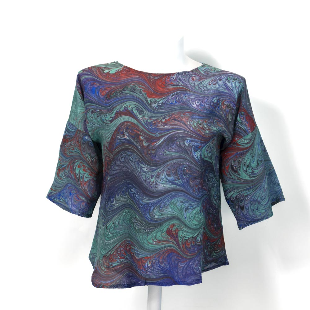 marbled silk top in green, purple, red, blue with round neck and half sleeves