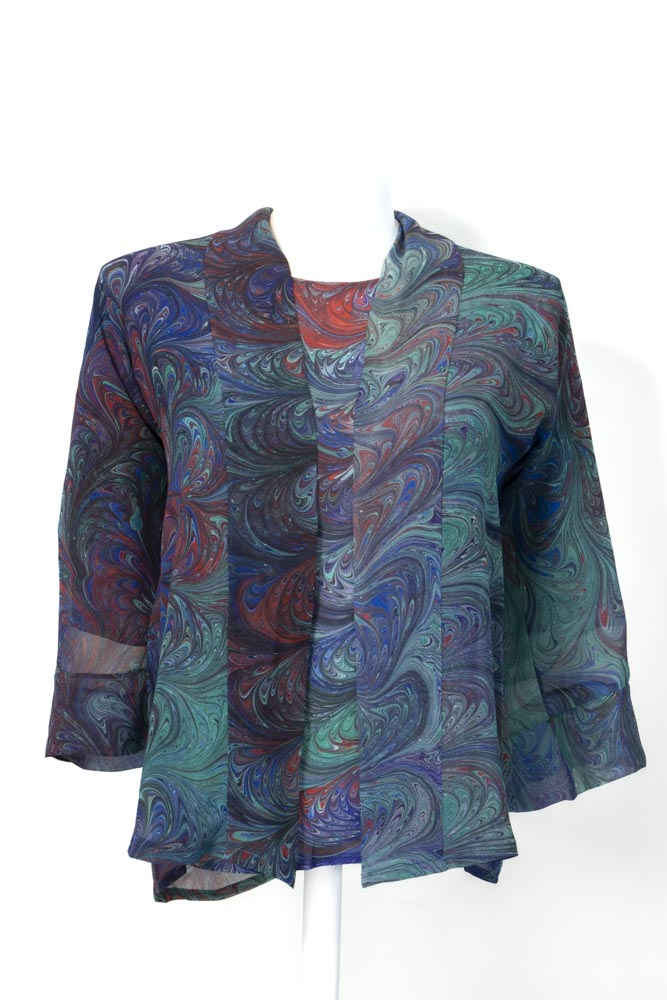 marbled silk chiffon jacket shown with coordinating silk top displayed on a mannequin