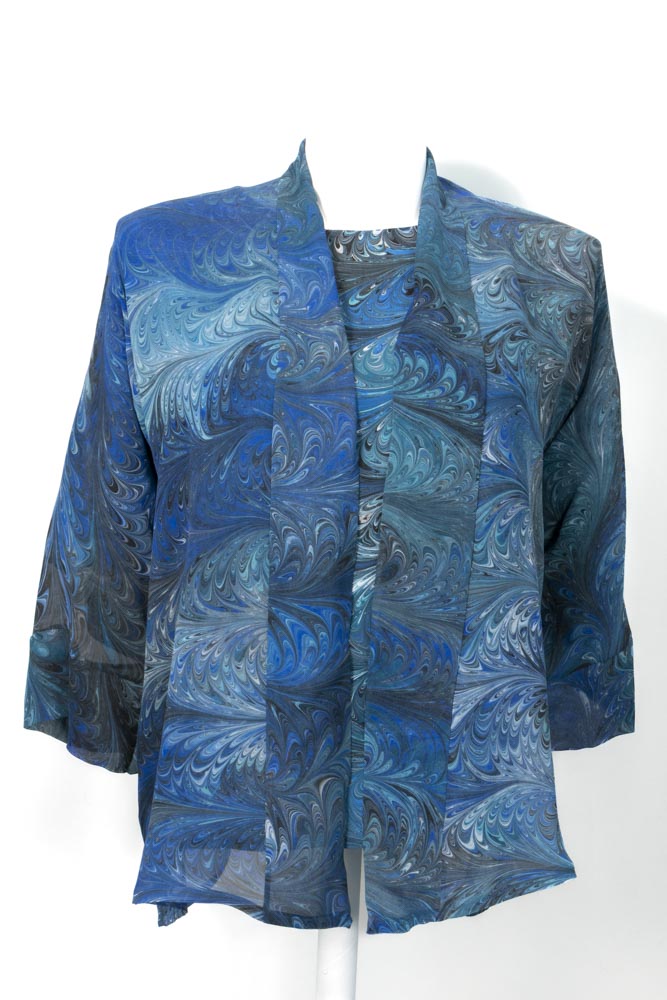 a marbled silk sheer kimono style jacket with a coordinating marbled silk top. Blue, black, white, aqua