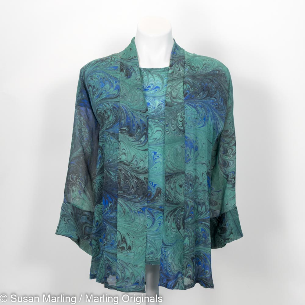 silk top with coordinating sheer kimono jacket in hand marbled blue, emerald and black