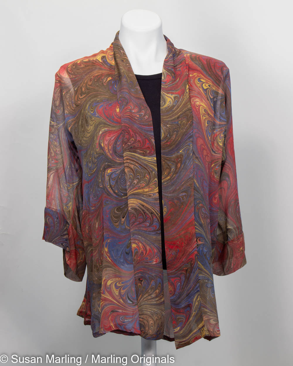 sheer silk kimono jacket in warm earth tones in a feathery marbled pattern