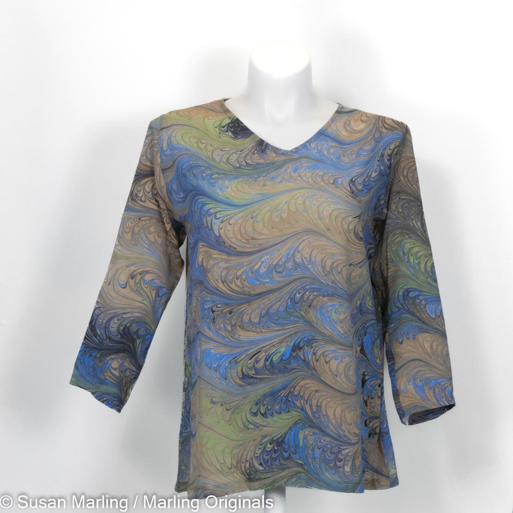 marbled silk tunic in grey, celery, tan and blue. V neck with 3/4 length sleeves