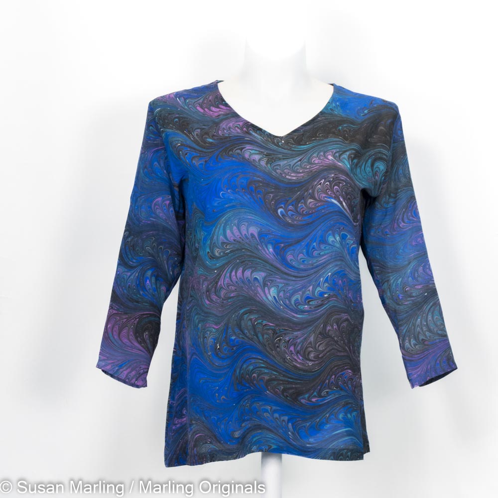 marbled silk tunic top in blue with violet and green. V neck and 3/4 length sleeves