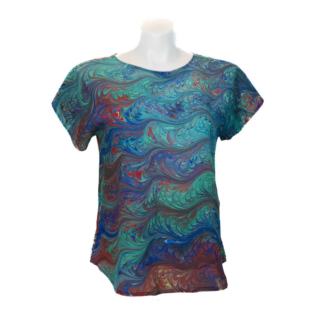 marbled silk top in green, blue, red, yellow. Round neck with short sleeves.