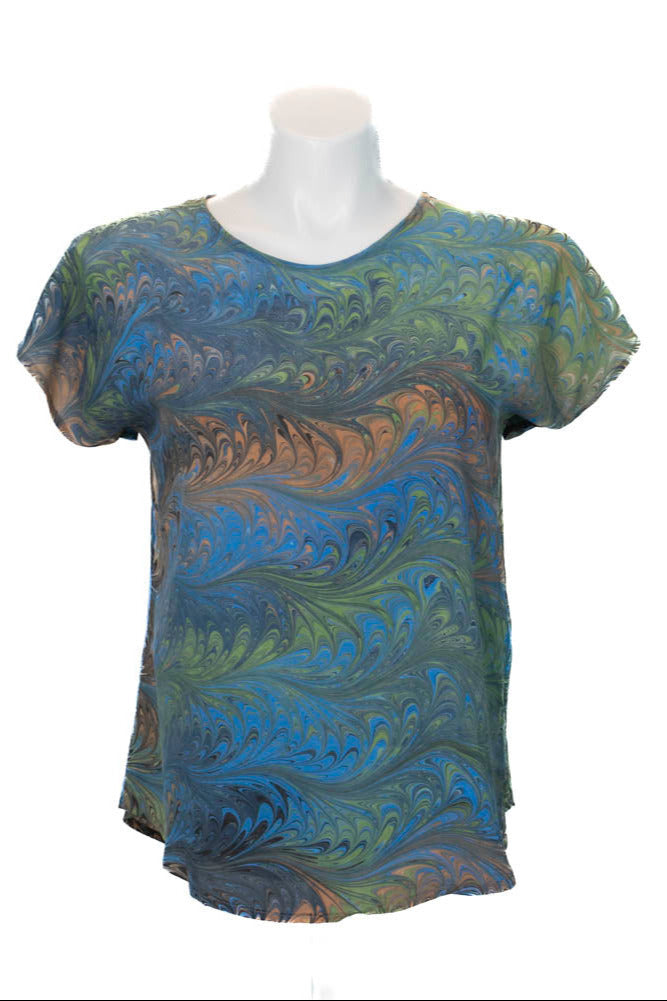 marbled silk top in gray, blue, peach and celery with round neck and short sleeves
