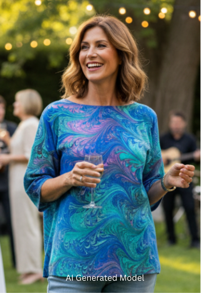 Woman in a blue marbled silk top and light blue jeans standing outdoors at a social event. AI generated model.