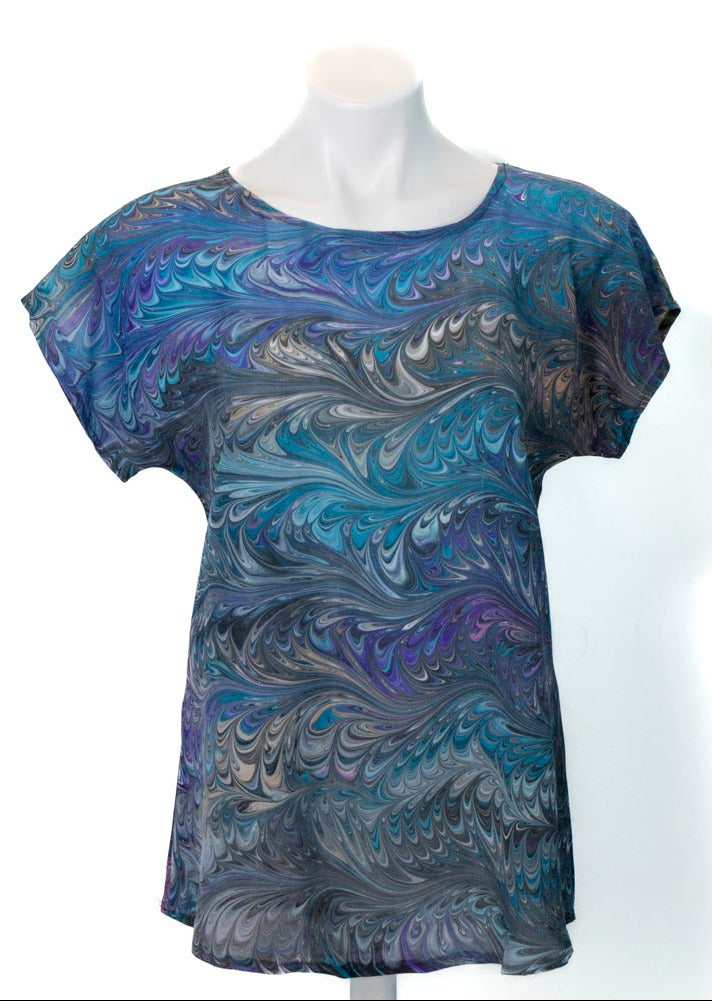 hand marbled silk top in teal and gray short sleeves round neck
