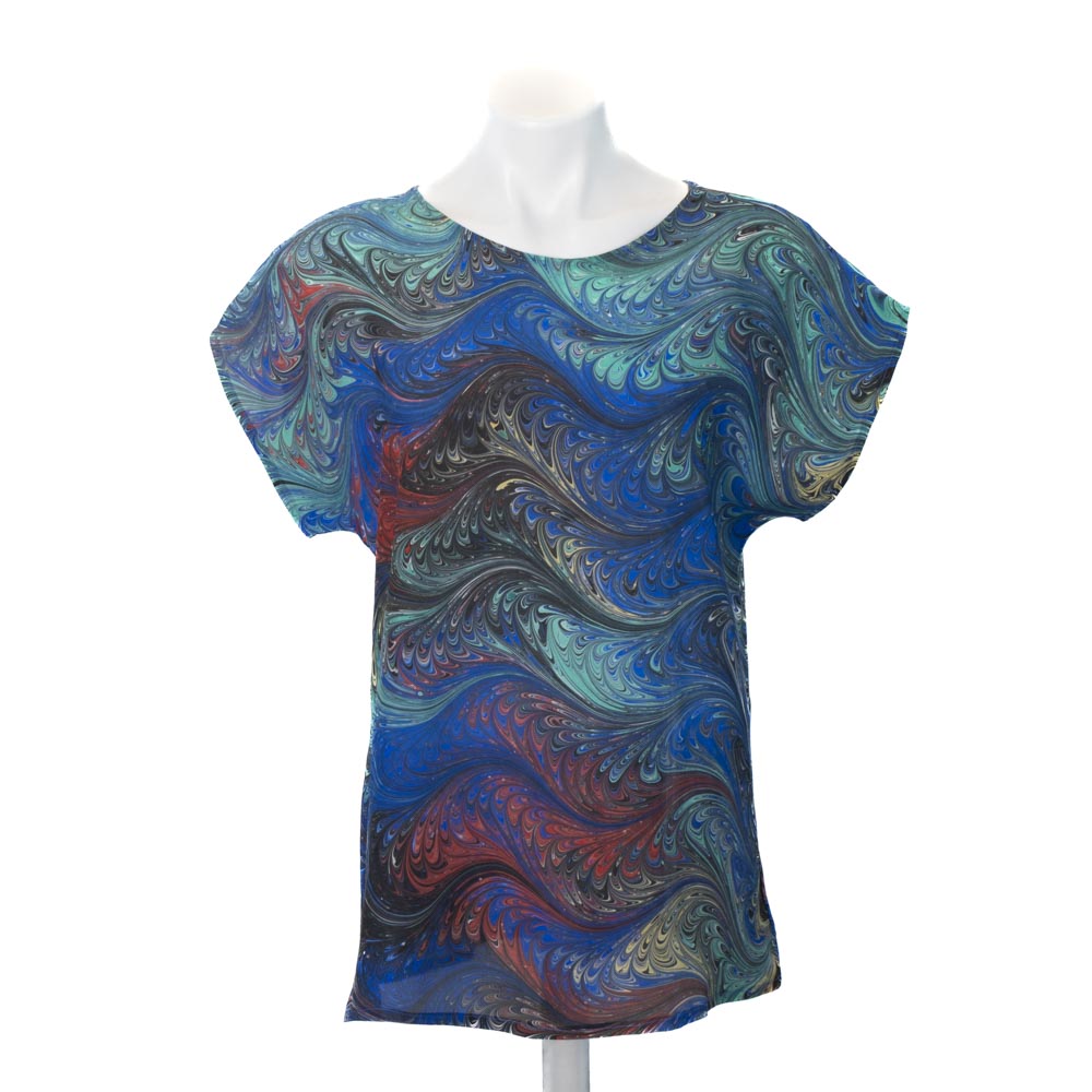 silk crepe de chine silk top with short sleeves in blue, green, red