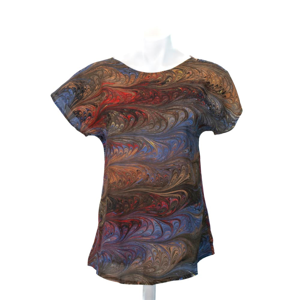 short sleeve silk top hand marbled in brown, gray, red and gold