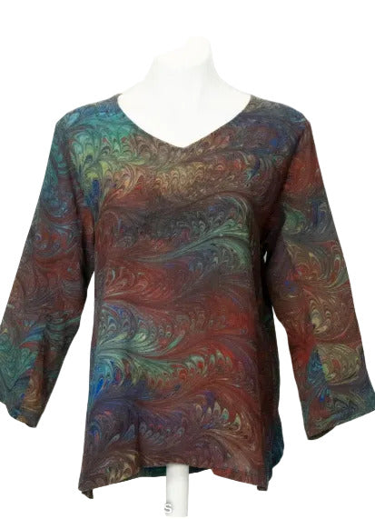 double marbled v neck silk tunic with 3/4 length sleeves
