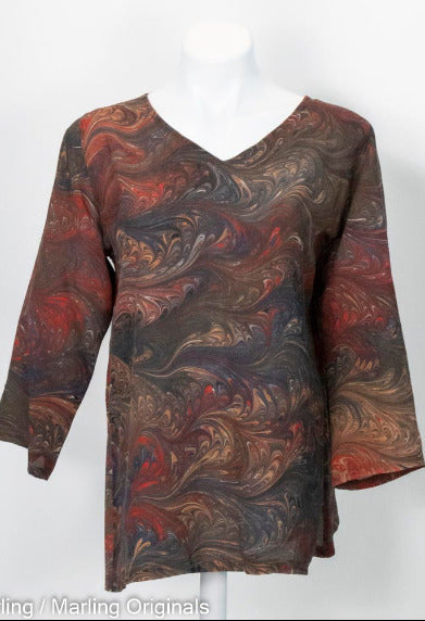 marbled silk tunic with v neck and 3/4 sleeves in rich brown with red and navy accents