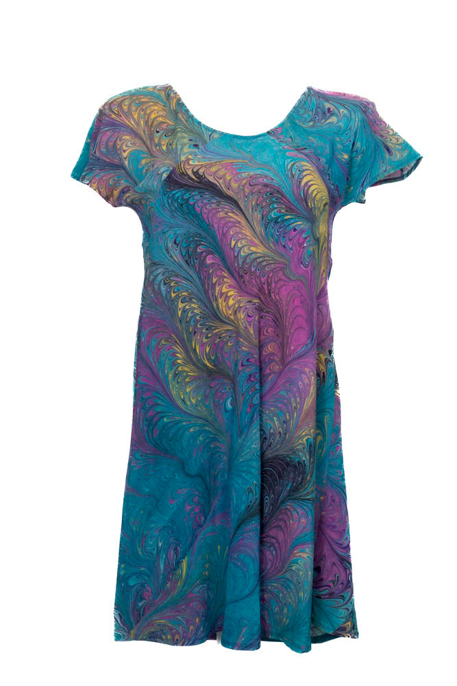 bias cut dress with cap sleeve and round neck teal