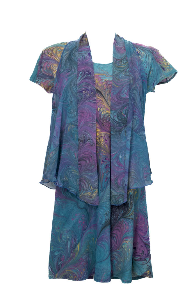 marbled teal bias cut dress with vest