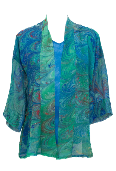 Colorful marbled silk sheer kimono jacket on a white background