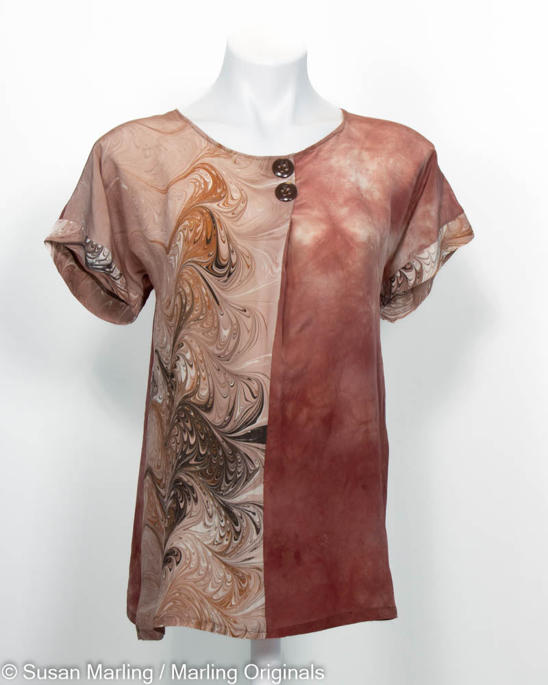 Brown dye top with marbled half inset on the left-hand side of the top