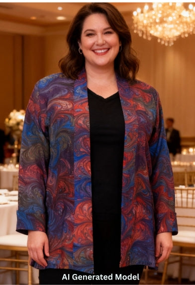 Woman in a colorful hand marbled silk swing jacket standing in a banquet hall with tables and chandeliers.