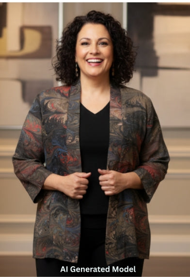 Woman wearing a marbled silk swing jacket over a black top and pants in an indoor setting with plants and artwork.