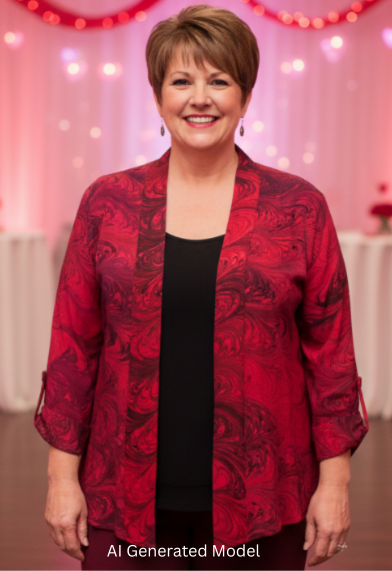 Woman in a red marbled silk jacket standing in a decorated room with tables and lights. AI generated model.