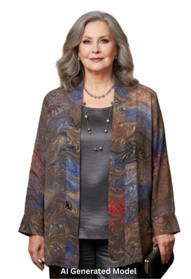 Woman wearing a marbled silk swing jacket over gray top and pants