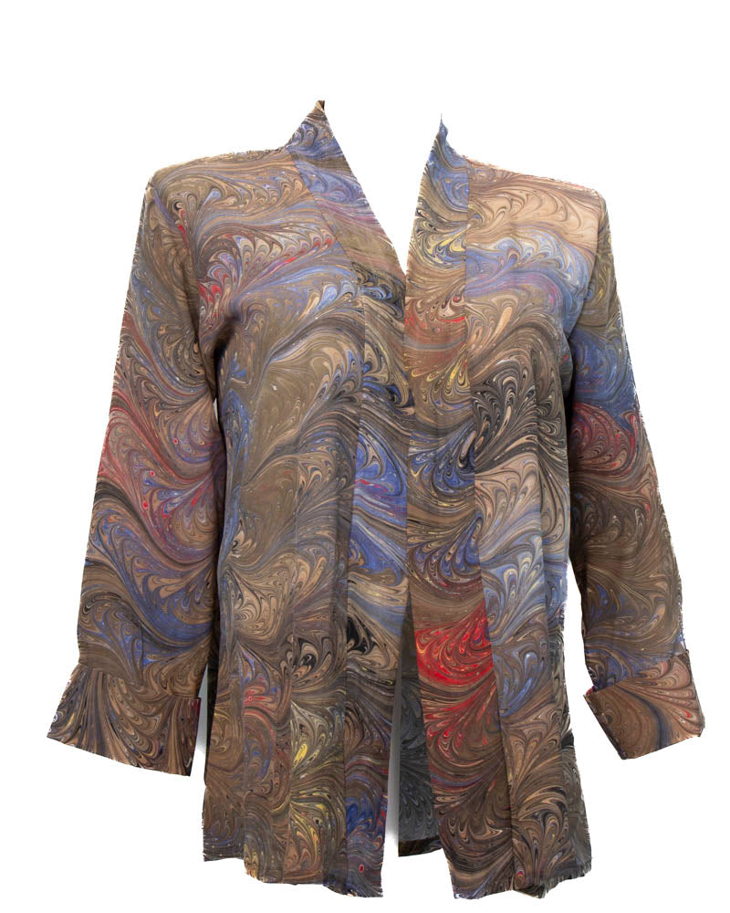 Picture of a marble swing jacket in brown red and gray on a mannequin against the white background