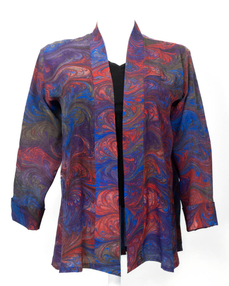 marbled silk swing jacket in royal, red and brown