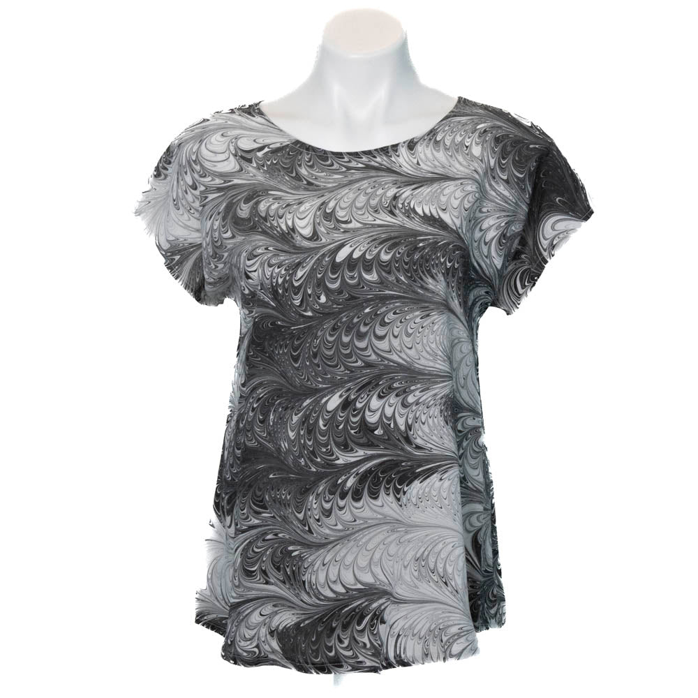 silk top with hand marbled design in black and white