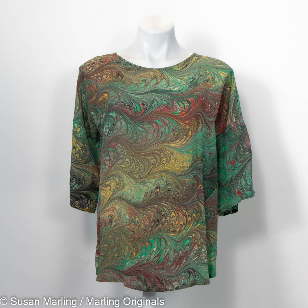 Silk round neck top marbled pattern in warm green, brown, red and gold