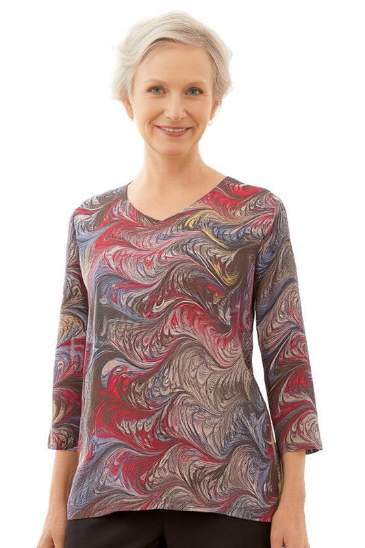 woman wearing brown marbled tunic