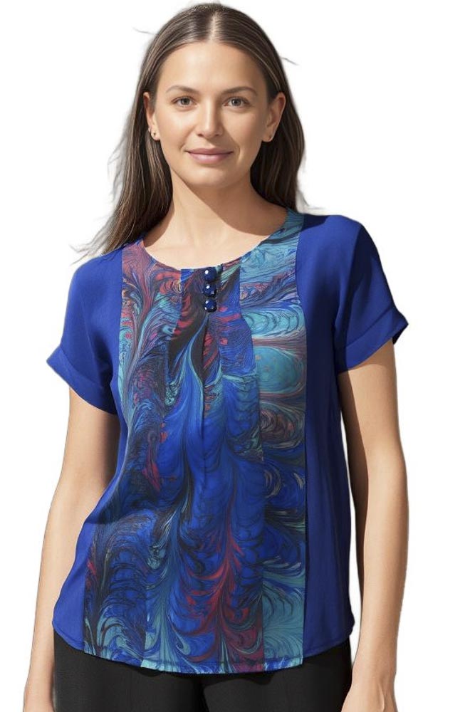 woman wearing a dyed and marbled silk shirt in royal blue tones