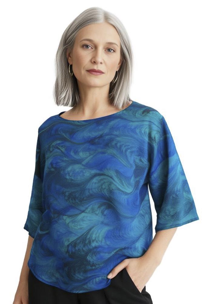 woman wearing emerald marbled half sleeve silk shirt