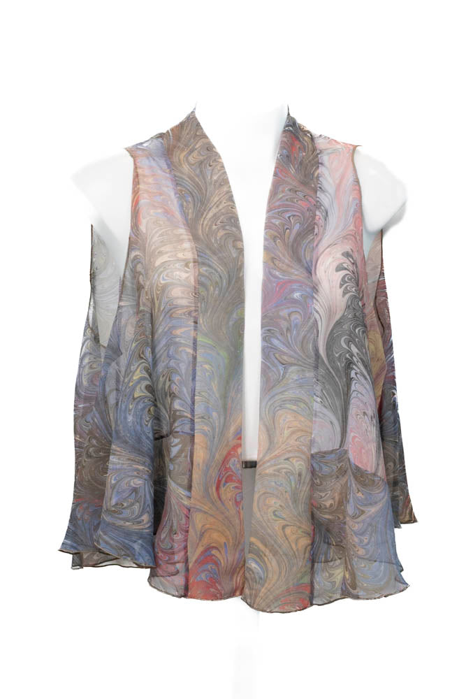flowing silk chiffon vest in pale tan and gray colors