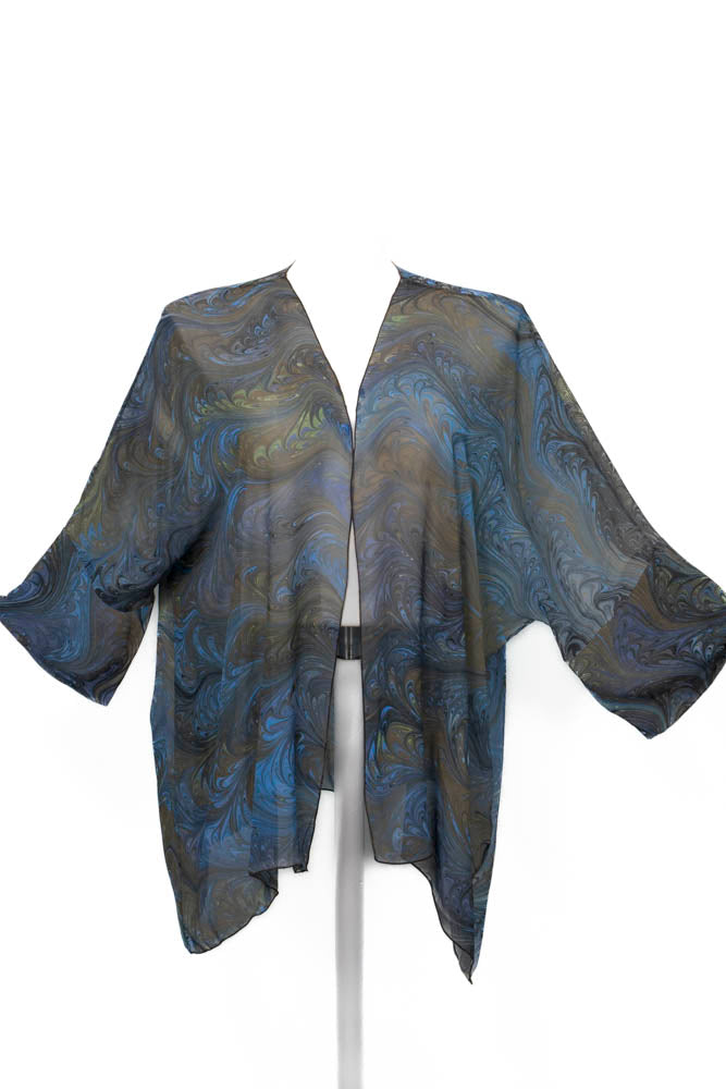 Blue and brown hand marbled patterned kimono-style jacket on a white background