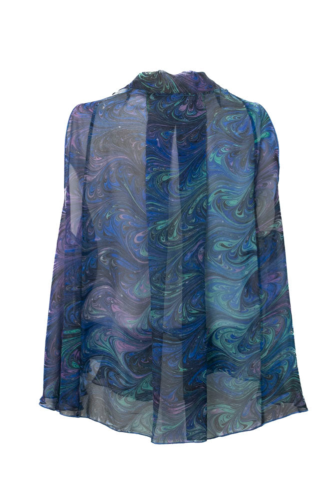 Back of marbled, silk, chiffon vest in blue green and violet on mannequin against white background