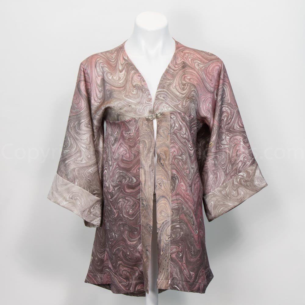 silk satin open front kimono jacket in marbled champagne colors. Hook to close front.