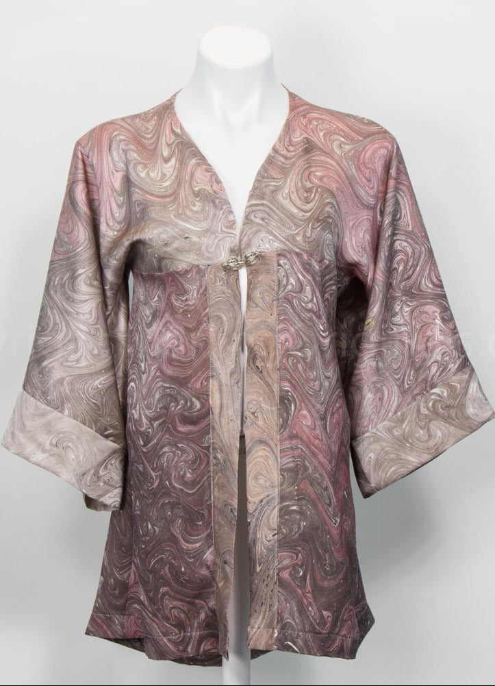 silk satin open front kimono jacket in marbled champagne colors. Hook to close front.