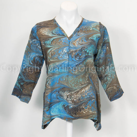 marbled silk tunic in blue, brown, cream.  V-neck, long sleeves.