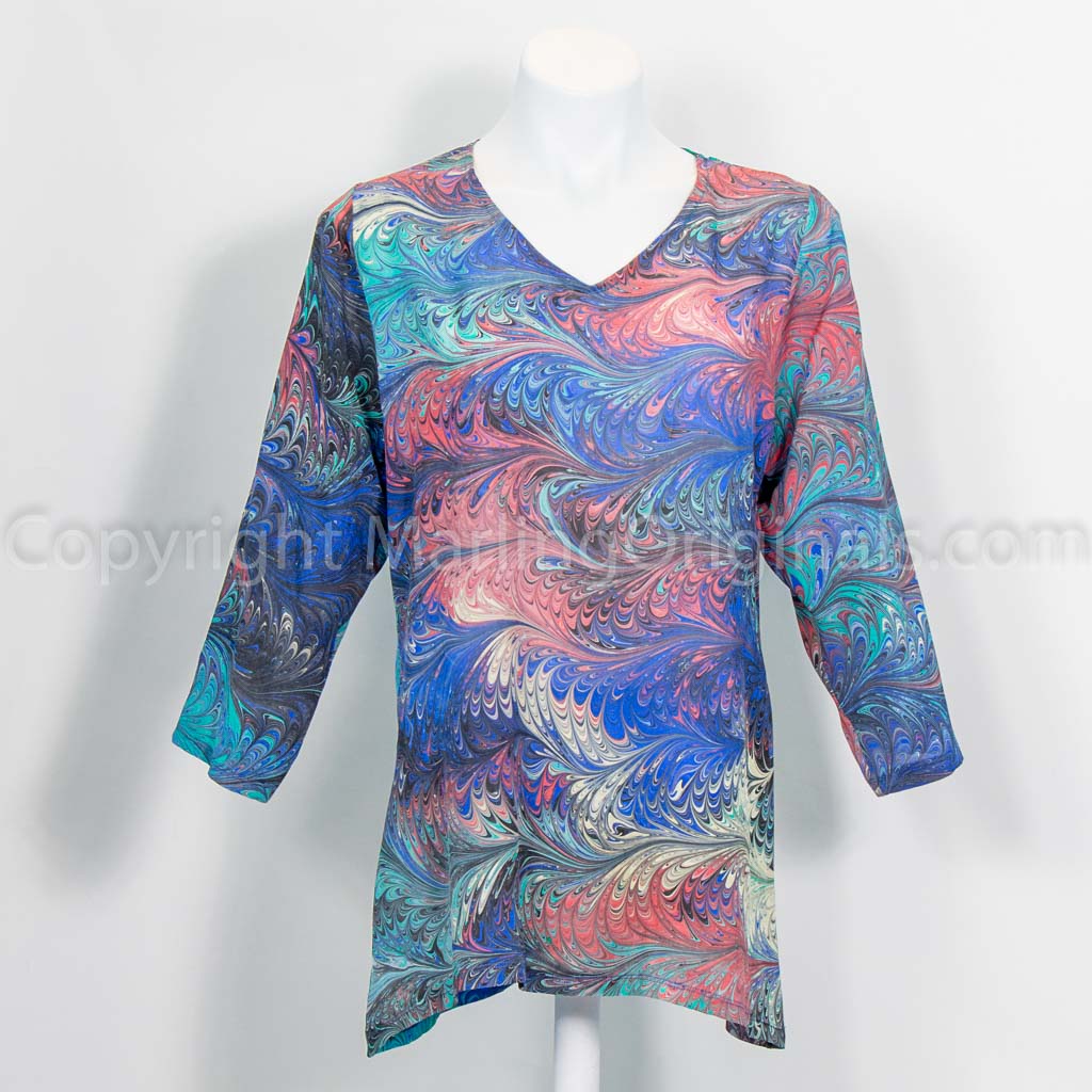marbled silk tunic in blue, green, yellow red. V neck with 3/4 sleeves.