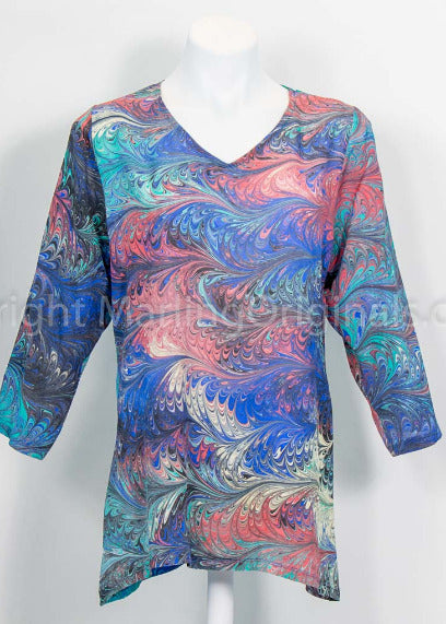 marbled silk tunic in blue, green, yellow red. V neck with 3/4 sleeves.