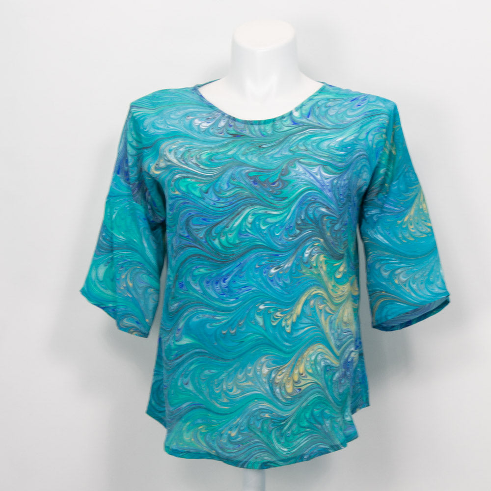 half sleeve silk summer top with round neck. Marbled pattern in greens with blue and gold highlight