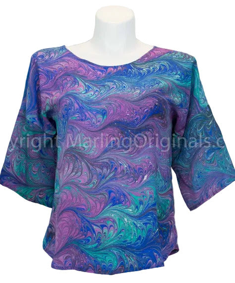 hand marbled silk top in deep blue, green, violet and black.
