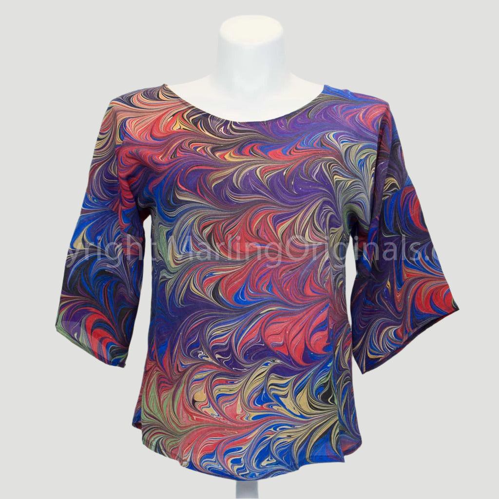 hand marbled silk top in blue, purple, red, black, gold.