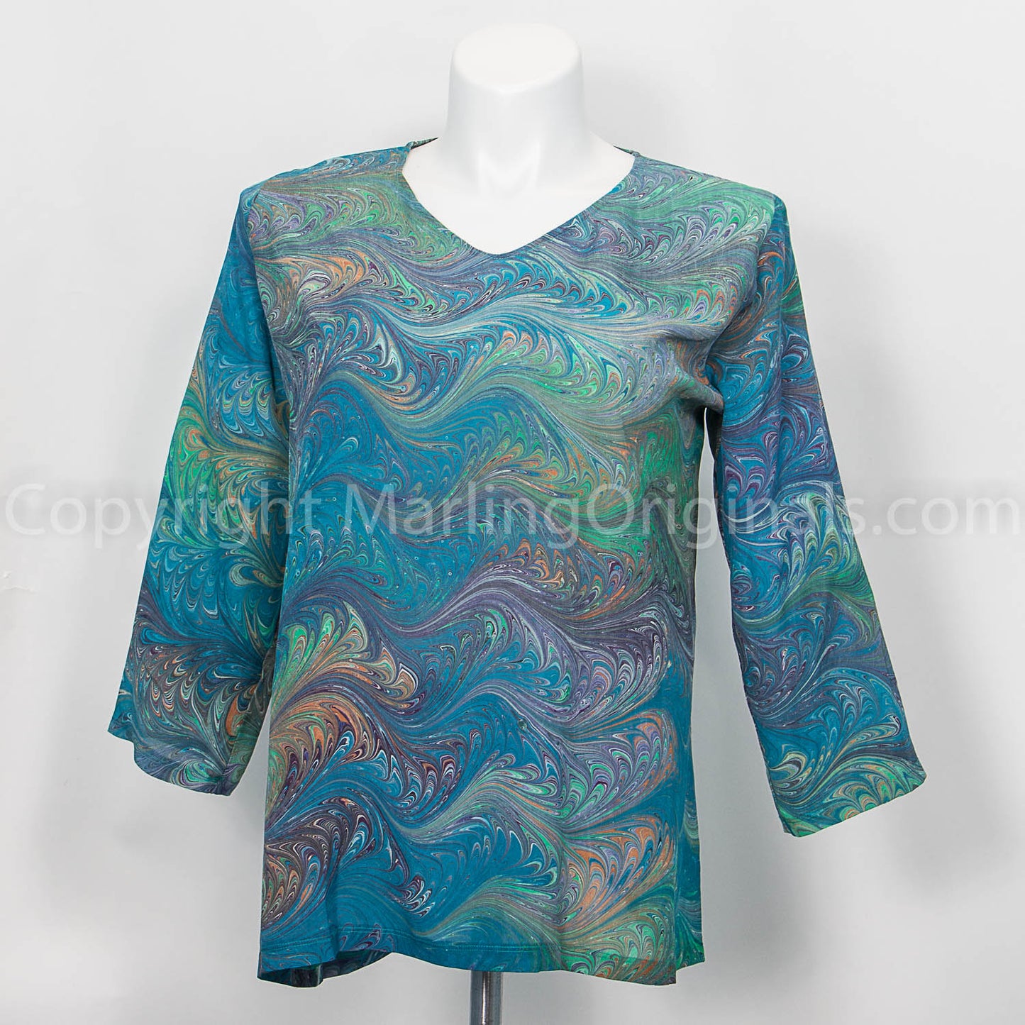 fall green tones hand marbled. Silk crepe tunic with notched neck, 3/4 sleeves, side slit